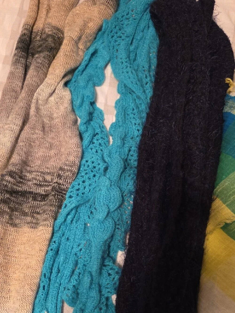 Mixed Scarf Bundle - Teal, Turquoise, Black, Cream, Green Plaid